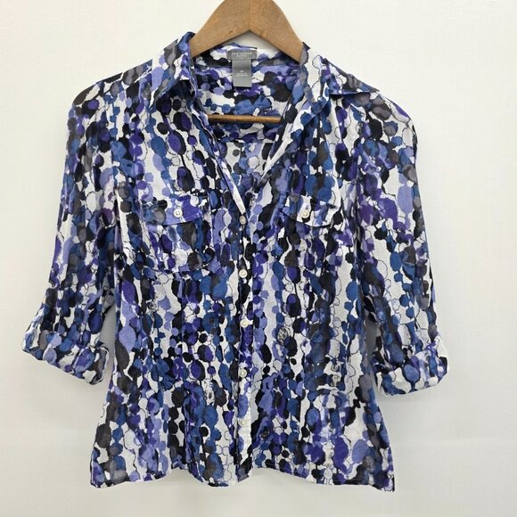 Ann Taylor Petites Blue Purple Abstract Blouse Button Front Roll Tab Size 4P - Picture 2 of 9
